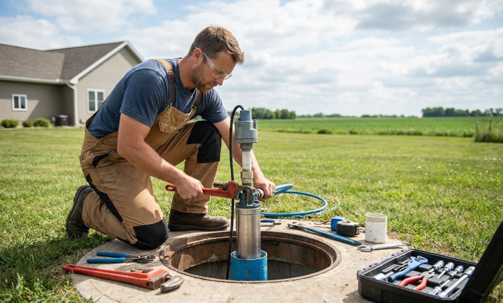 Plumber repairing a residential well pump beside an open well casing in a yard